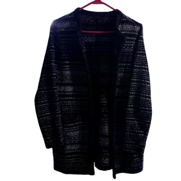 Talbots Metallic Striped Open Front Tweed Sweater Cardigan Black Sz MP - Picture 2 of 3